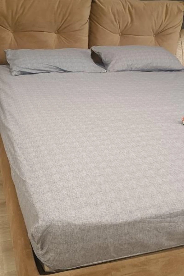 Çarşaf 90298 Fıtted Çift Kişi Keten Tarzı Pamuk Kumaş 2Yastık Kılıflı açık Gri - 6