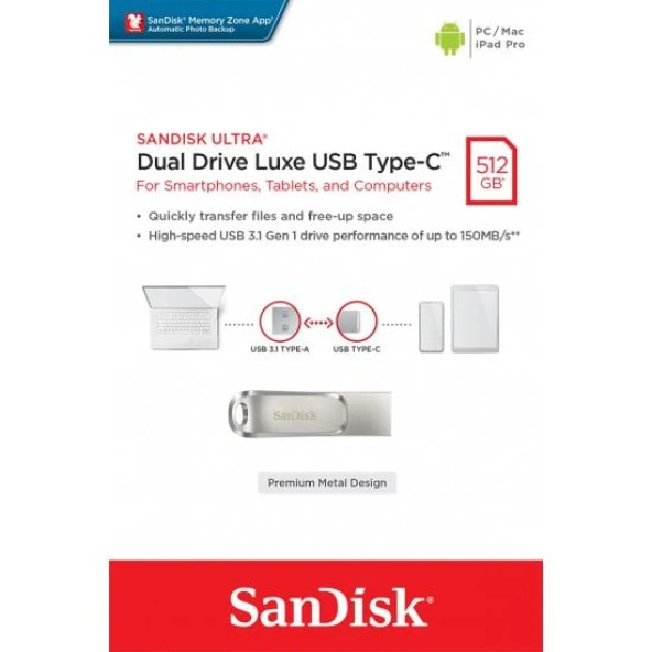 Sandisk 512GB USB Ultra Dual Drive Luxe 3.1 Type-C SDDDC4-512G-G46
