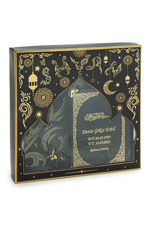 Siyah 50 Adet İsim Baskılı Deri Ciltli Çanta Boy Yasin Kitabı Seccade Seti Mevlit Hediyesi - Resim 2