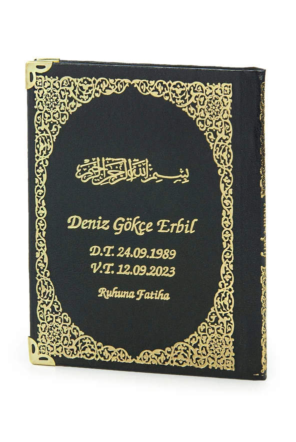 Siyah 50 Adet İsim Baskılı Deri Ciltli Çanta Boy Yasin Kitabı Seccade Seti Mevlit Hediyesi - Resim 5