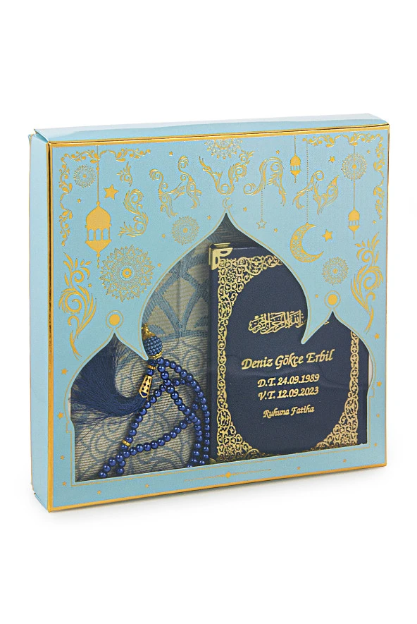 Lacivert 50 Adet İsim Baskılı Deri Ciltli Çanta Boy Yasin Kitabı Seccade Seti Mevlit Hediyesi - Resim 2