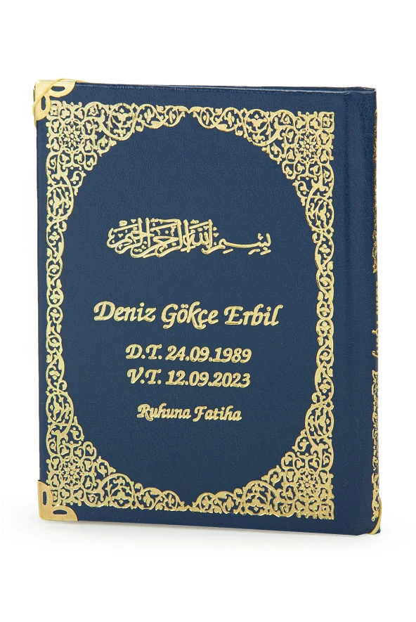 Lacivert 50 Adet İsim Baskılı Deri Ciltli Çanta Boy Yasin Kitabı Seccade Seti Mevlit Hediyesi - Resim 5