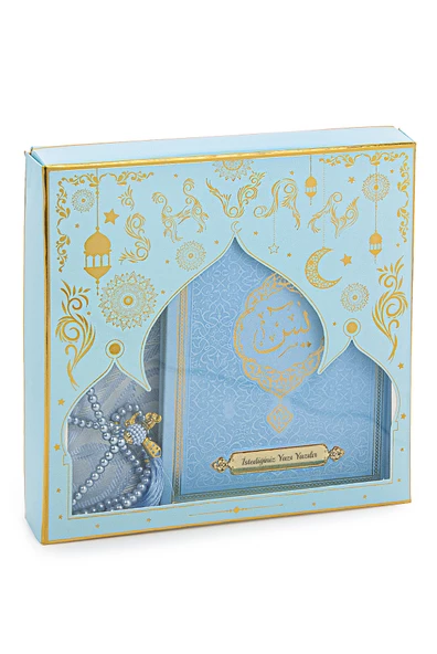 Mavi Çeyizlik Seccade Seti Gelin Bohçasına Uygun Dini Hediyelik İsme Özel Yasin Kitabı - Resim 2