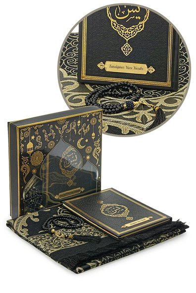 Siyah Çeyizlik Seccade Seti Gelin Bohçasına Uygun Dini Hediyelik İsme Özel Yasin Kitabı - Resim 2