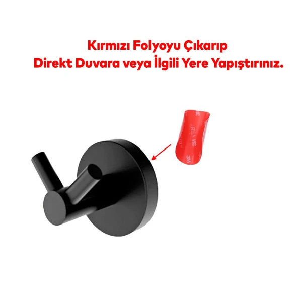 Yapışkanlı Siyah Renk Metal Sağlam Banyo Lavabo Çatal 2li Askılık Aparat Bornoz Havlu Asma Askı - 3