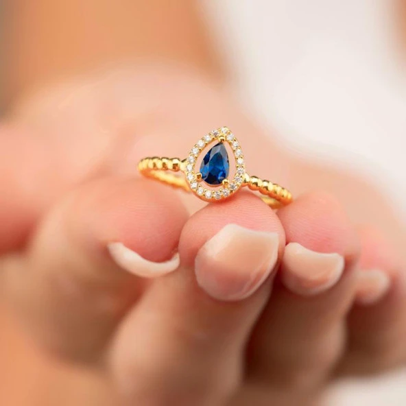 Gümüş Pazarım Altın Kaplama Damla Kesim Safir Gümüş Yüzük - 2