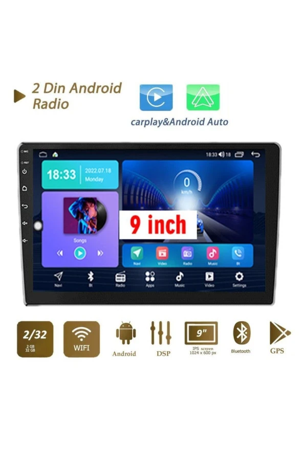 9 Inç Universal Android 13 / 2+64gb /+carplay Ile 2din Double Ekran Oto Multimedya Slim ince Kasa
