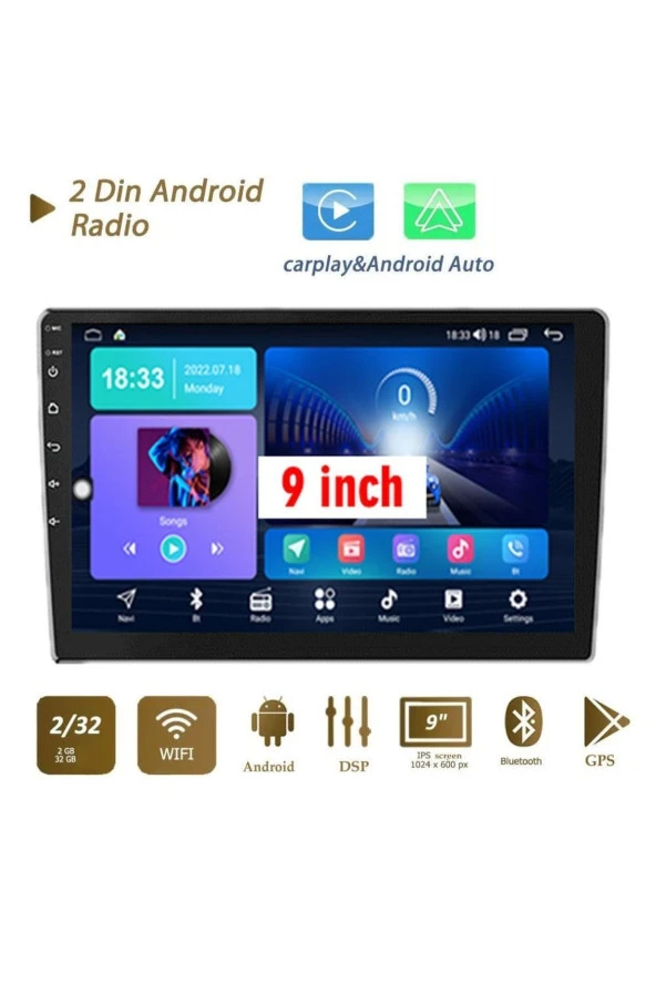9 Inç Universal Android 13 / 2+32gb /+carplay Ile 2din Double Ekran Oto Multimedya Slim ince Kasa
