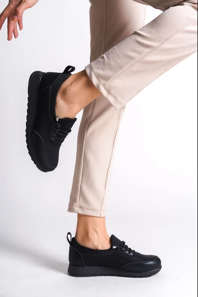 VİOLET Bağcıklı Lastikli Ortopedik Rahat Taban Cilt Detaylı Babet Anne Ayakkabısı ST Siyah - 3