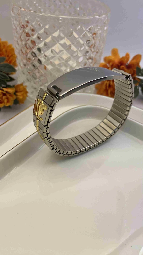 Aksesuar Çarşısı 316L Çelik Lastikli Lale Detaylı Gold Renk Kadın Bileklik ürün görseli