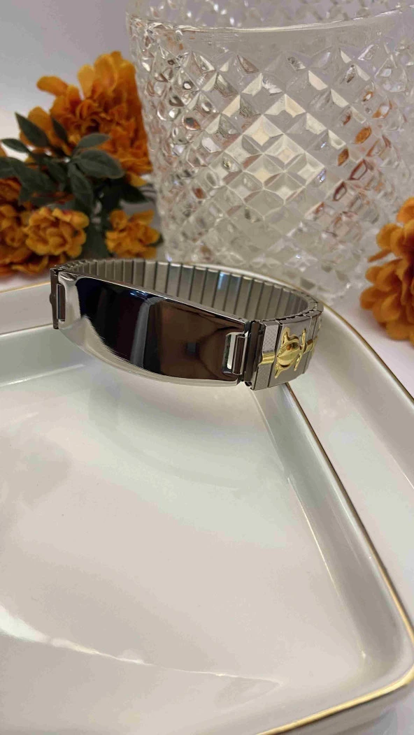 Aksesuar Çarşısı 316L Çelik Lastikli Lale Detaylı Gold Renk Kadın Bileklik - Resim 2