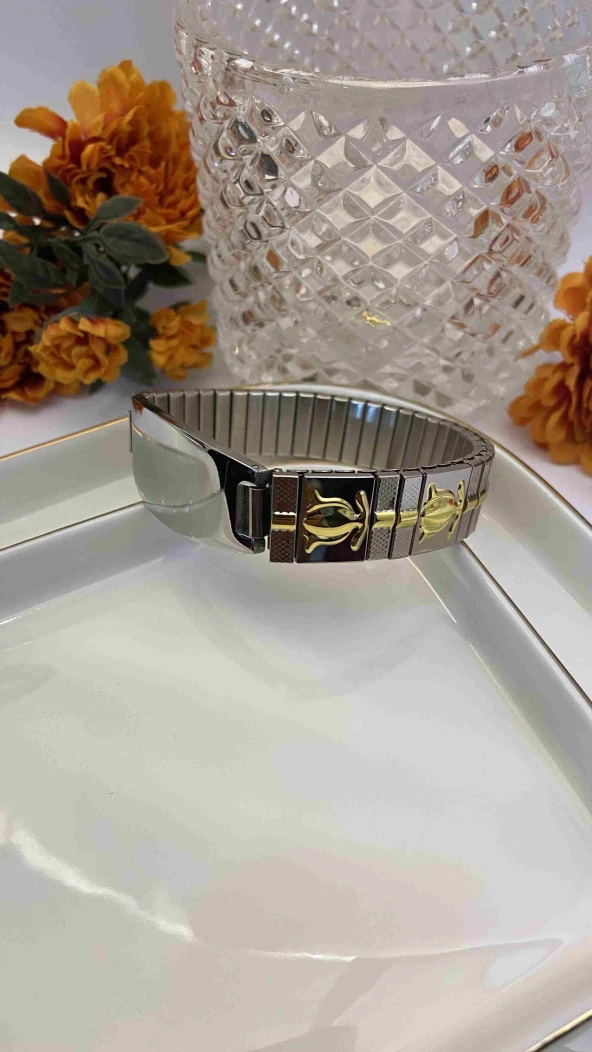 Aksesuar Çarşısı 316L Çelik Lastikli Lale Detaylı Gold Renk Kadın Bileklik - Resim 3