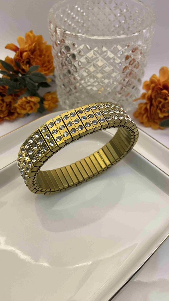 Aksesuar Çarşısı 316L Çelik Lastikli Zirkon Taşlı Gold Renk Kadın Bileklik ürün görseli