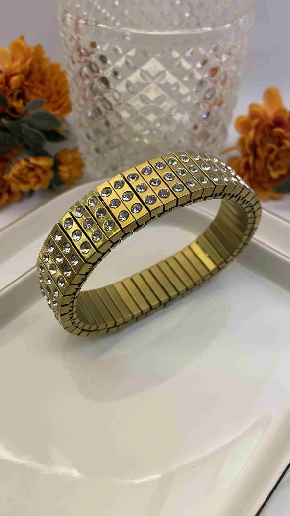 Aksesuar Çarşısı 316L Çelik Lastikli Zirkon Taşlı Gold Renk Kadın Bileklik - Resim 2