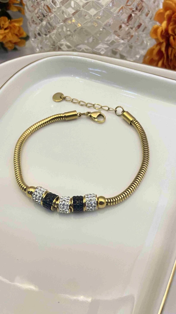 Aksesuar Çarşısı 316L Çelik Siyah Beyaz Zirkon Taşlı Bileklik ürün görseli