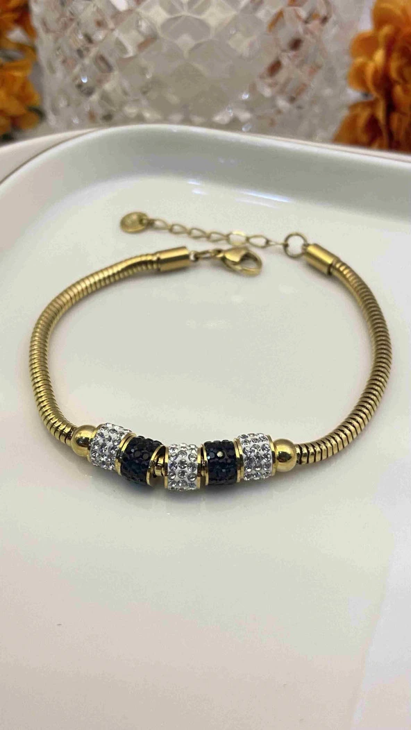 Aksesuar Çarşısı 316L Çelik Siyah Beyaz Zirkon Taşlı Bileklik - Resim 2