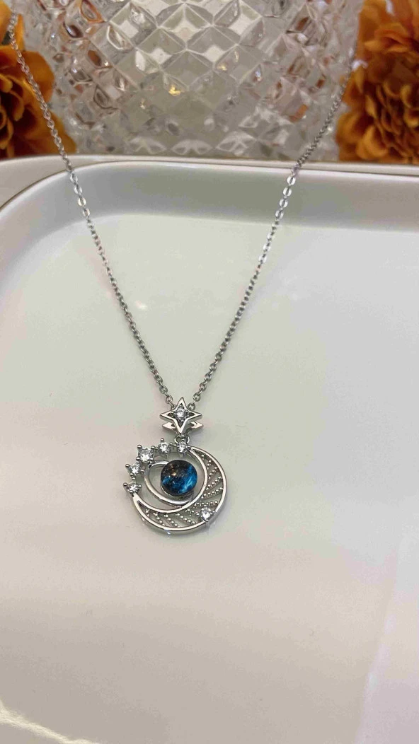 Aksesuar Çarşısı 316L Çelik Ay Taşlı Gezegen Kolye ürün görseli