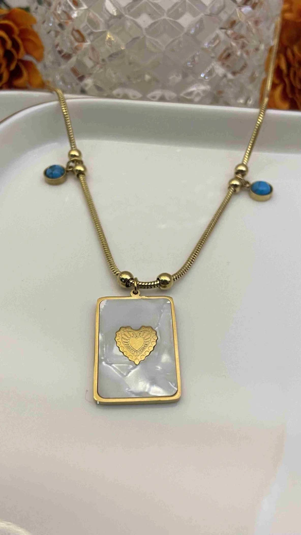 Aksesuar Çarşısı 316L Çelik Burgu Zincir Sedef Kalp Kolye Gold - 2
