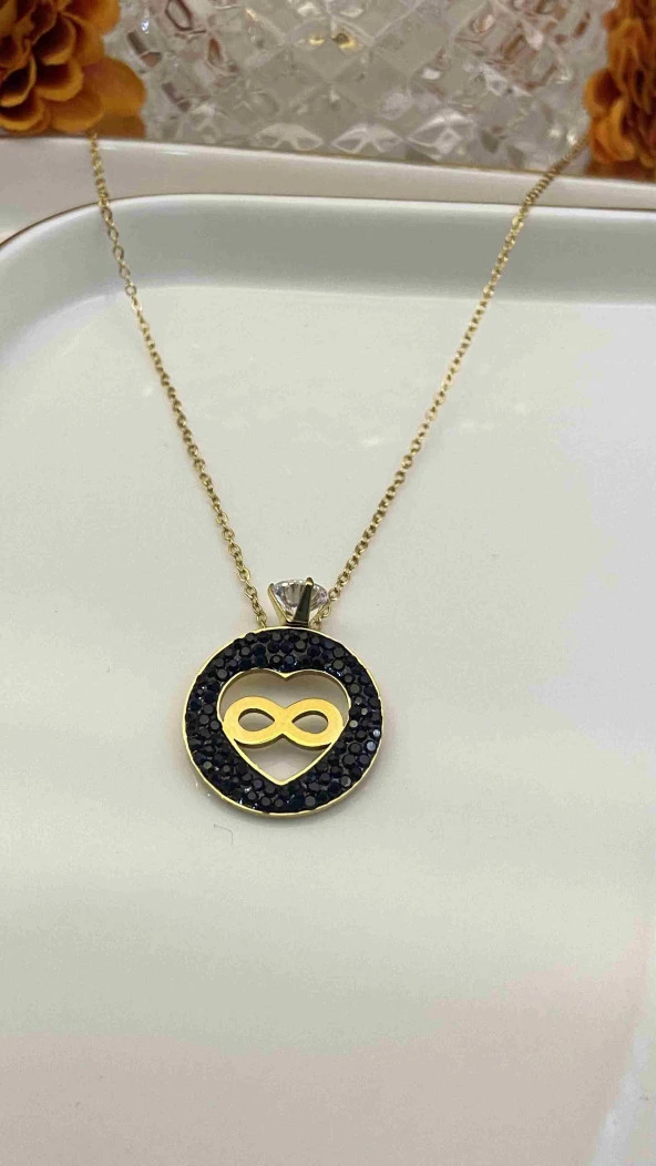 Aksesuar Çarşısı 316L Çelik Sonsuzluk Kolye Siyah Zirkon Taş Tasarımlı Gold ürün görseli