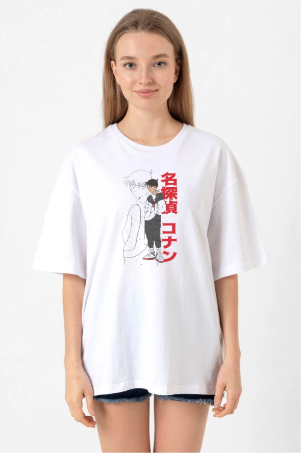 Detective Conan Anime Shinichi Kudo Beyaz Kadın Oversize Tshirt