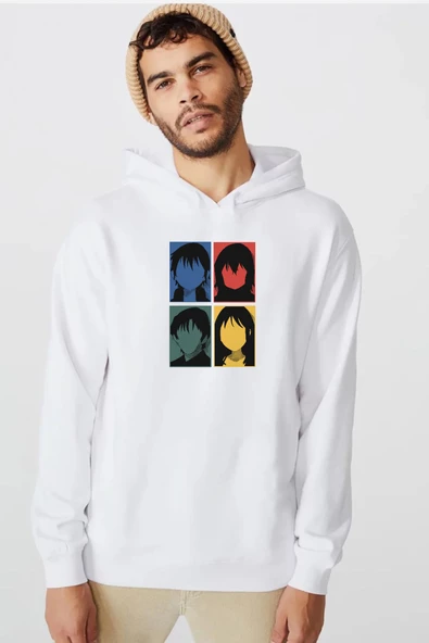 Erased Anime All Main Character Minimal Colorful Art Beyaz Erkek 3ip Kapşonlu  Sweatshirt