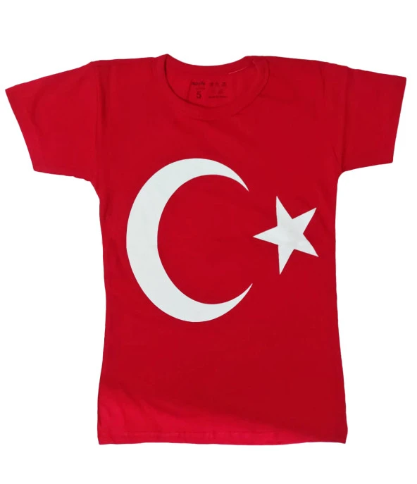 Türk Bayraklı Tişört Pamuklu Kırmızı Çocuk T-shirt- 10 yaş