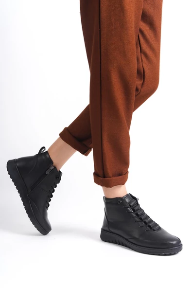 Hakiki Deri Kadın Ortopedik Topuk Dikeni Fonksiyonlu Fermuarlı Siyah Anne Botu - Resim 4