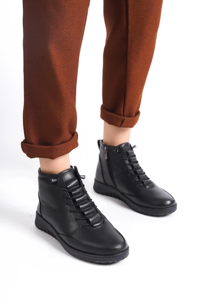 Hakiki Deri Kadın Ortopedik Topuk Dikeni Fonksiyonlu Fermuarlı Siyah Anne Botu - Resim 2