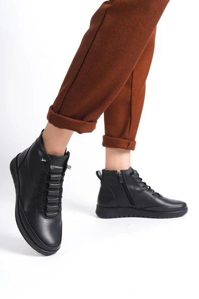 Hakiki Deri Kadın Ortopedik Topuk Dikeni Fonksiyonlu Fermuarlı Siyah Anne Botu - Resim 3