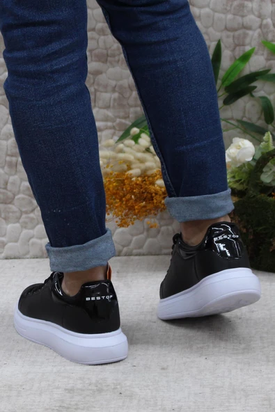 Fort B-150 Siyah Beyaz Rahat Kalın Taban Sneaker Erkek Spor Ayakkabı - Resim 4