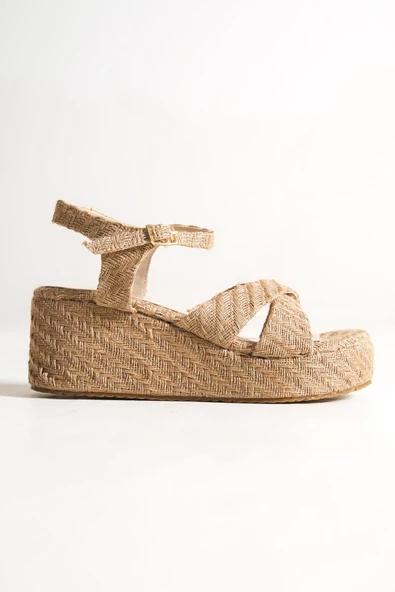 Hasır Dolgu Tabanlı Çapraz Bantlı Espadril Kadın Sandalet - Yummy - 2