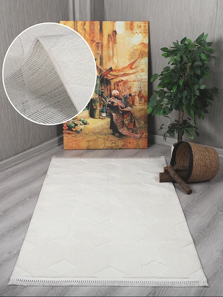 Lara Bukleli Desenli Yumuşacık Peluş Halı Salon Oturma Odası Mutfak Koridor Halısı 9400A Krem - 2