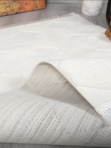 Lara Bukleli Desenli Yumuşacık Peluş Halı Salon Oturma Odası Mutfak Koridor Halısı 9400A Krem - 3