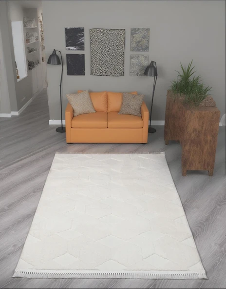 Lara Bukleli Desenli Yumuşacık Peluş Halı Salon Oturma Odası Mutfak Koridor Halısı 9400A Krem