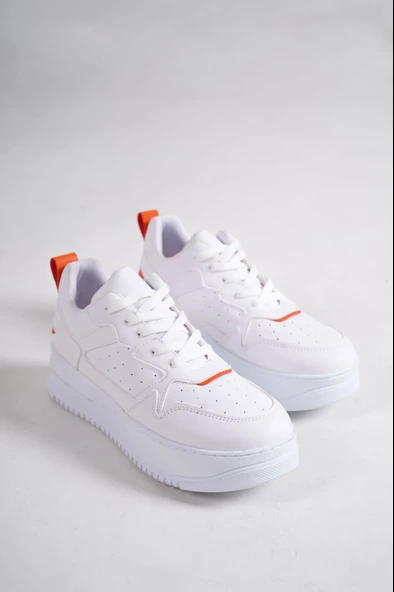 ALESSİ Bağcıklı Ortopedik Taban Kadın Sneaker Ayakkabı BT Beyaz/Turuncu - 4