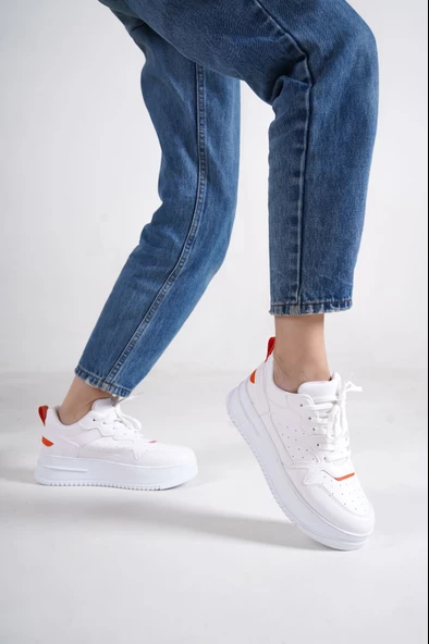 ALESSİ Bağcıklı Ortopedik Taban Kadın Sneaker Ayakkabı BT Beyaz/Turuncu - 2