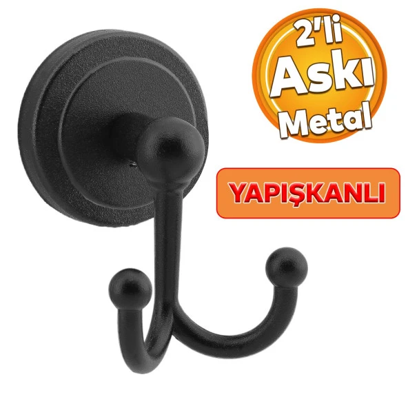 Yapışkanlı Siyah Renk Metal Sağlam Aparat Bornoz Havlu Asma Askı Banyo Lavabo Çatal 2li Askılık