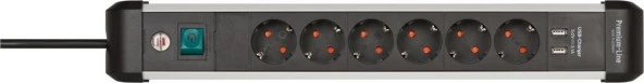 Brennenstuhl Premium-Alu-Line 6 Soketli 2 Adet 3.1 Hızlı Şarj USB' li Uzatma Priz Anahtarlı 3 Metre - 2