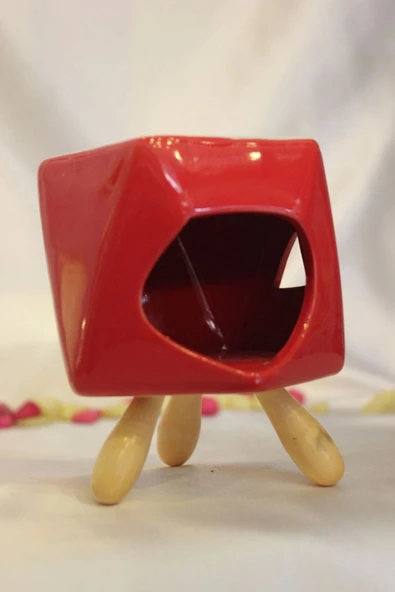 Buhardanlık Seramik Ahşap Ayaklı Buhurdanlık Kırmızı - Resim 8