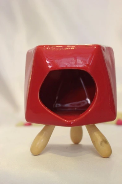 Buhardanlık Seramik Ahşap Ayaklı Buhurdanlık Kırmızı - Resim 5