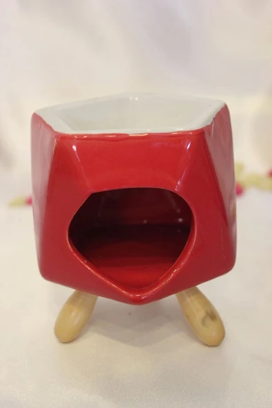 Buhardanlık Seramik Ahşap Ayaklı Buhurdanlık Kırmızı - Resim 2