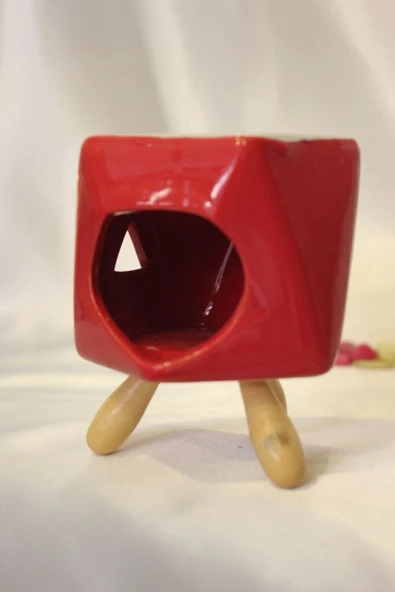 Buhardanlık Seramik Ahşap Ayaklı Buhurdanlık Kırmızı - Resim 3