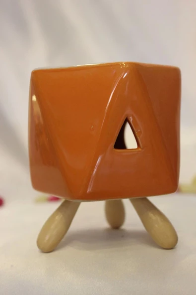 Buhardanlık Seramik Ahşap Ayaklı Buhurdanlık Oranj - Resim 3