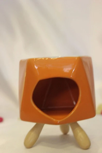 Buhardanlık Seramik Ahşap Ayaklı Buhurdanlık Oranj