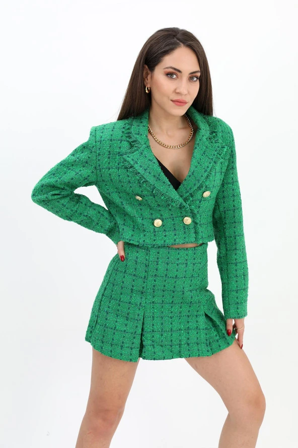 Yüksek Bel Yandan Fermuarlı Chanel Kumaş Şort Etek - Yeşil