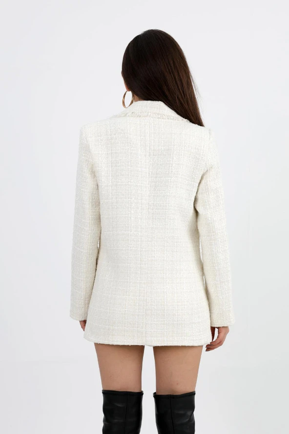 Yakası Püsküllü Düğmeli Tüvit Blazer Ceket - Ekru