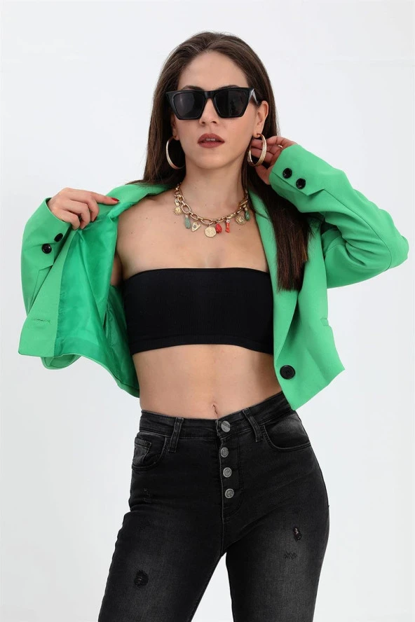 Çift Peto Cepli Kısa Crop Blazer Ceket - Yeşil