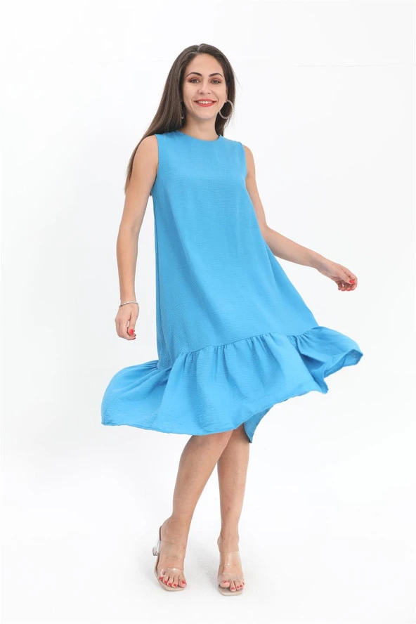 Kristal Keten Kolsuz Kadın Salaş Elbise - Mavi