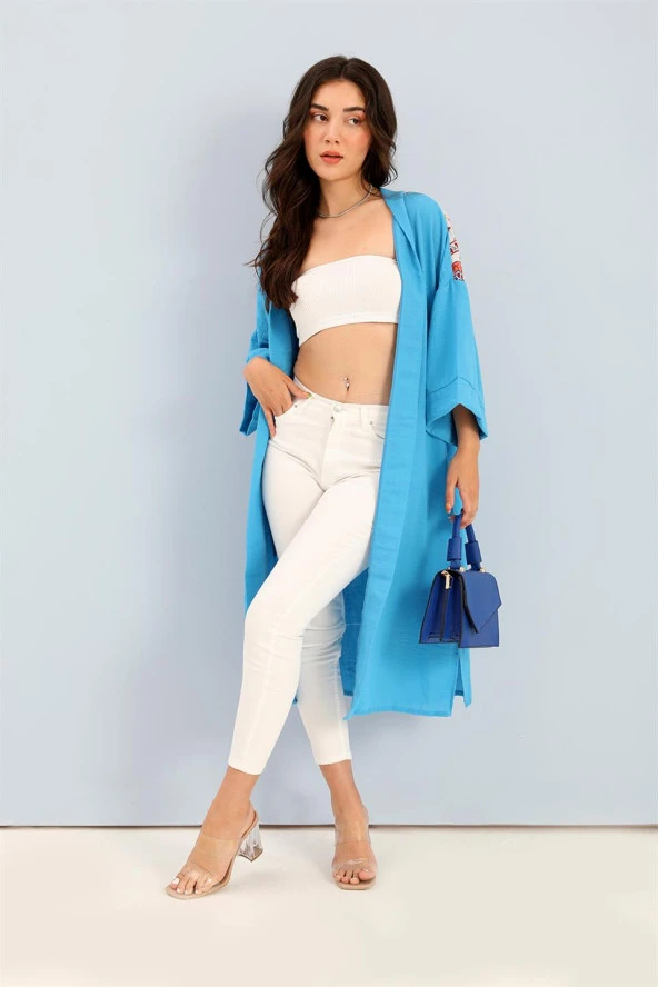 Kimono Arkası Baskılı Püsküllü Keten - Mavi