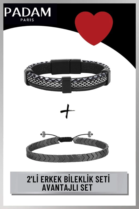 Man 2li Bileklik (klipsli Deri Geçişli Ve Hematit Klips) Hediyelik Set Pdmssd01